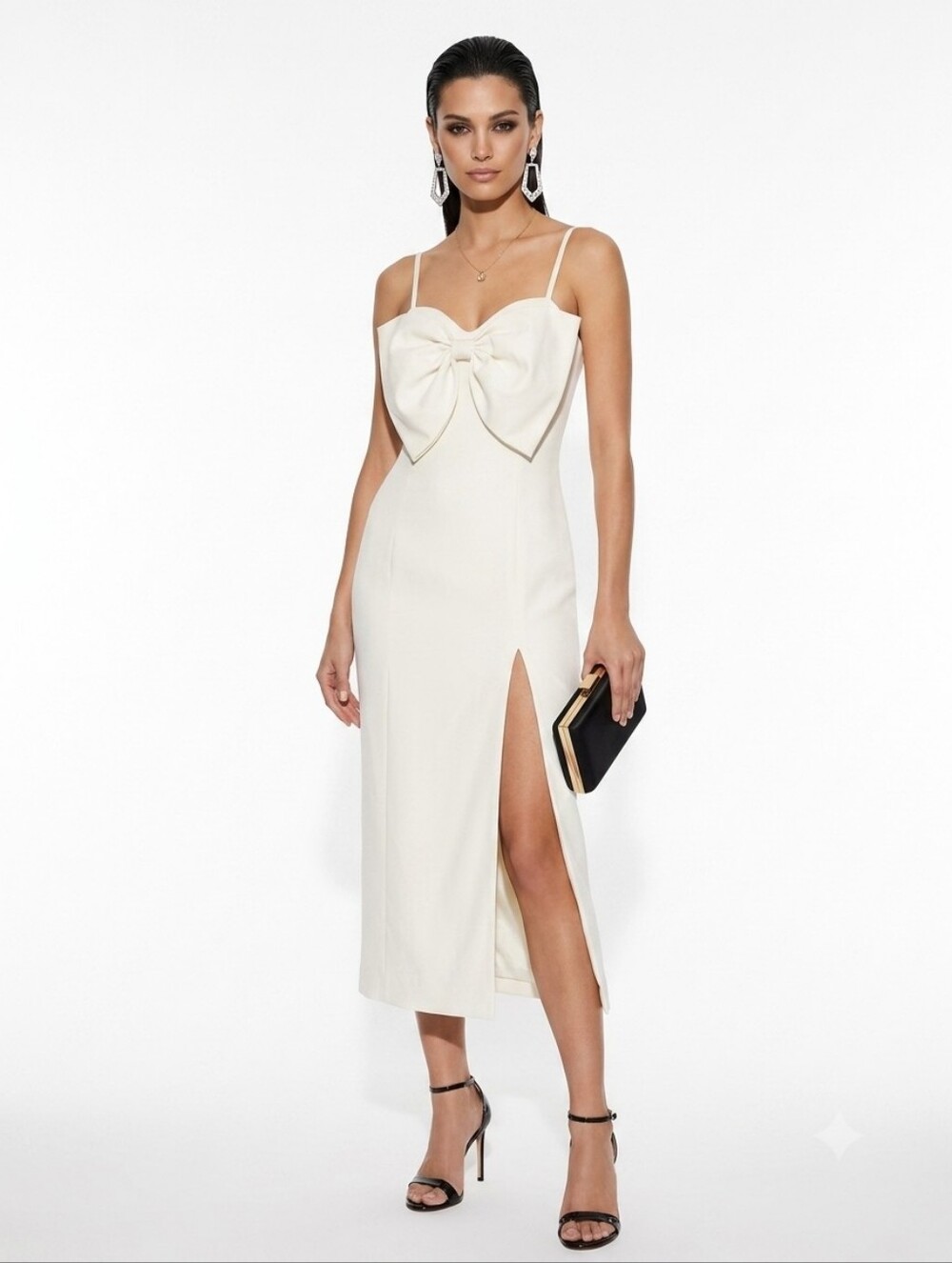 Lulu's Cream Bow-Front Spaghetti Strap Midi Dress with Side Slit